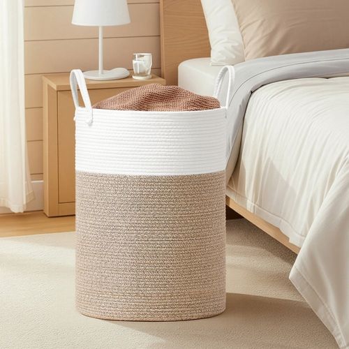 Panier à Linge, Volume 80 L, Corde En Coton, Avec Poignées, Chambre D'enfant, Blanc Et Gris