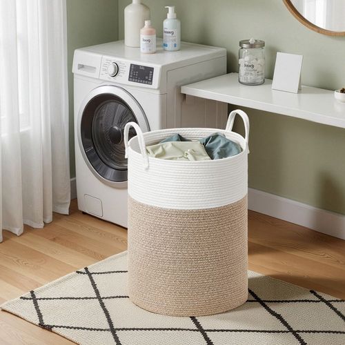 Panier à Linge, Volume 80 L, Corde En Coton, Avec Poignées, Chambre D'enfant, Blanc Et Gris