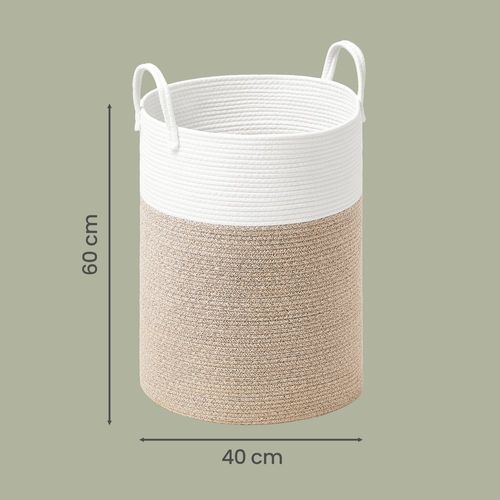 Panier à Linge, Volume 80 L, Corde En Coton, Avec Poignées, Chambre D'enfant, Blanc Et Gris