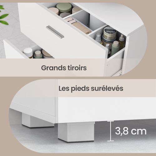 Armoire De Salle De Bain, Meuble Sous Vasque Avec Pieds Hauts, 2 Tiroirs Spacieux, Blanc