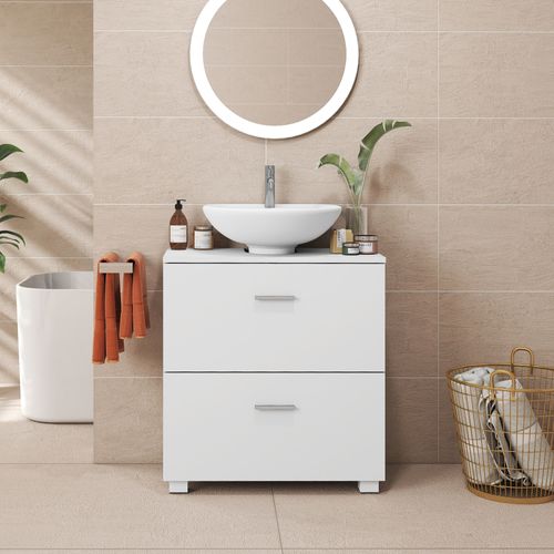 Armoire De Salle De Bain, Meuble Sous Vasque Avec Pieds Hauts, 2 Tiroirs Spacieux, Blanc