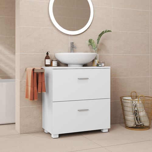Armoire De Salle De Bain, Meuble Sous Vasque Avec Pieds Hauts, 2 Tiroirs Spacieux, Blanc