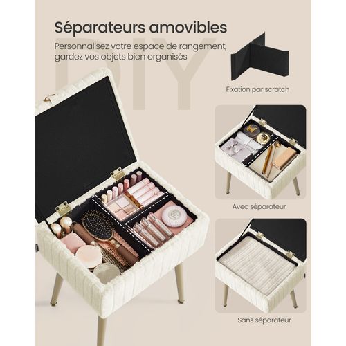 Tabouret De Coiffeuse, Repose-pieds, Pieds En Métal, Rembourré, Pieds Réglables,dressing, Blanc