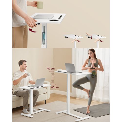 Table D'appoint à Roulettes, 80 X 45 Cm, Hauteur Réglable, 2 Porte-gobelets, Blanc Nuage