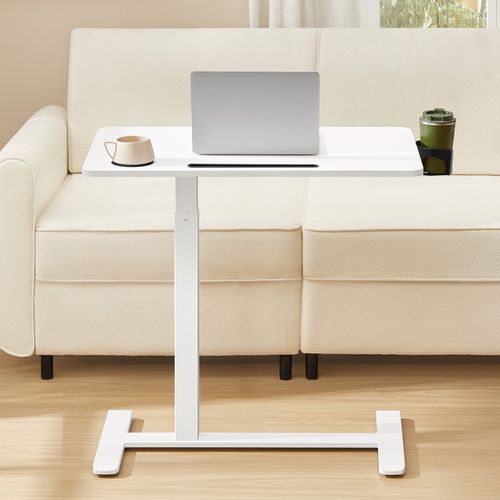 Table D'appoint à Roulettes, 80 X 45 Cm, Hauteur Réglable, 2 Porte-gobelets, Blanc Nuage