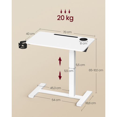 Table D'appoint à Roulettes, 70 X 40 Cm, Hauteur Réglable, 2 Porte-gobelets, Blanc Nuage