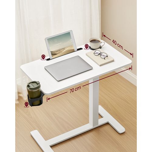 Table D'appoint à Roulettes, 70 X 40 Cm, Hauteur Réglable, 2 Porte-gobelets, Blanc Nuage