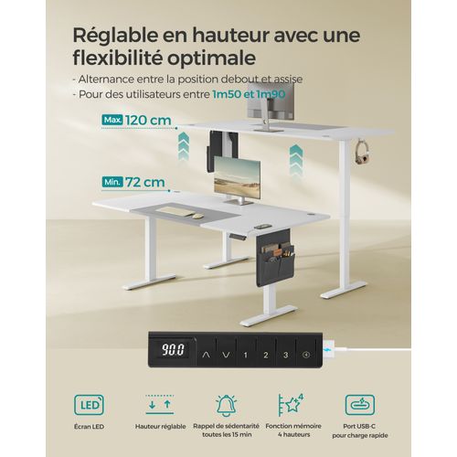 Bureau Électrique Réglable En Hauteur, Assis-debout, Mémoire 4 Hauteurs, Port USB-c, Blanc Et Gris
