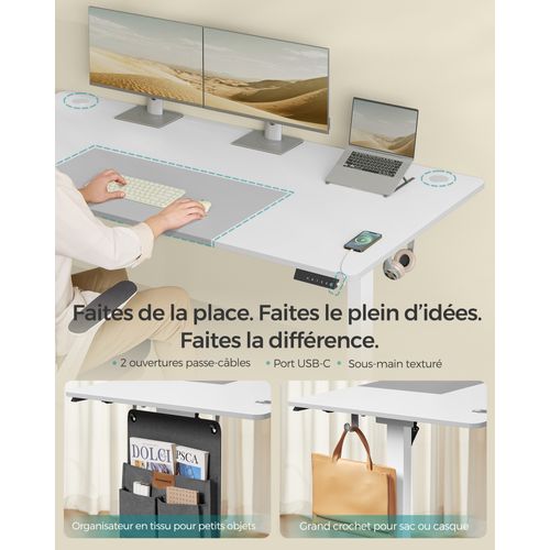 Bureau Électrique Réglable En Hauteur, Assis-debout, Mémoire 4 Hauteurs, Port USB-c, Blanc Et Gris