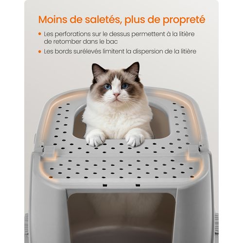Grand Bac à Litière Pour Chat, Taille XXL, Avec Couvercle Basculant, Pour Chats Jusqu’à 15 Kg, Gris