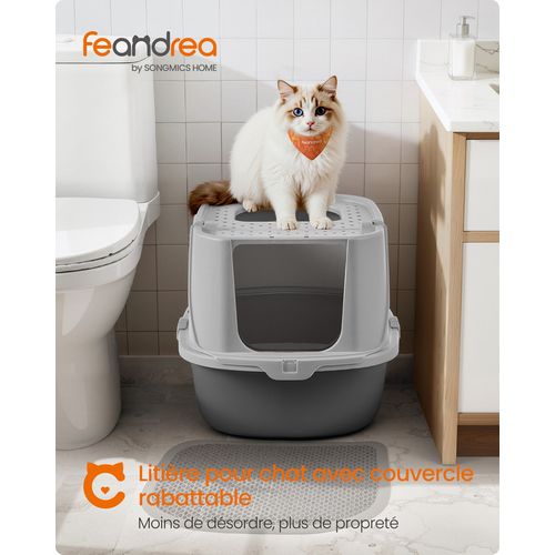 Grand Bac à Litière Pour Chat, Taille XXL, Avec Couvercle Basculant, Pour Chats Jusqu’à 15 Kg, Gris