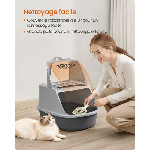 Grand Bac à Litière Pour Chat, Taille XXL, Avec Couvercle Basculant, Pour Chats Jusqu’à 15 Kg, Gris