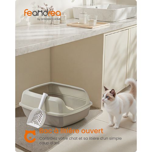 Bac à Litière Pour Chat, Parois Hautes, XXL, Ouvert Sur Le Dessus, Avec Pelle, Beige