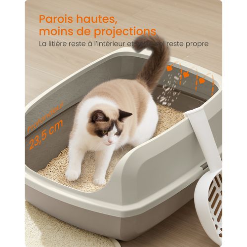 Bac à Litière Pour Chat, Parois Hautes, XXL, Ouvert Sur Le Dessus, Avec Pelle, Beige