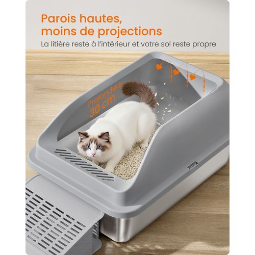 Bac à Litière Pour Chat, En Acier Inoxydable, à Bords Hauts, Pour Chats Jusqu’à 15 Kg, Gris