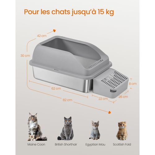 Bac à Litière Pour Chat, En Acier Inoxydable, à Bords Hauts, Pour Chats Jusqu’à 15 Kg, Gris