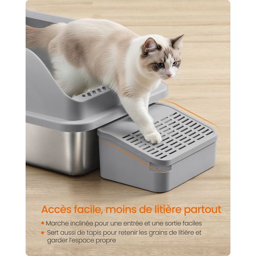 Bac à Litière Pour Chat, En Acier Inoxydable, à Bords Hauts, Pour Chats Jusqu’à 15 Kg, Gris