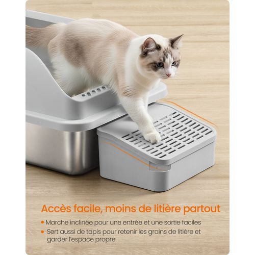 Bac à Litière Pour Chat,en Acier Inoxydable,à Bords Hauts, Dessus Ouvert, Marche, Pelle, Brosse,gris