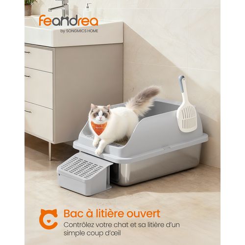 Bac à Litière Pour Chat,en Acier Inoxydable,à Bords Hauts, Dessus Ouvert, Marche, Pelle, Brosse,gris