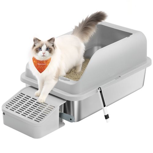 Bac à Litière Pour Chat,en Acier Inoxydable,à Bords Hauts, Dessus Ouvert, Marche, Pelle, Brosse,gris