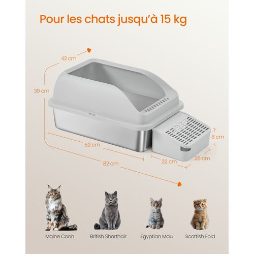 Bac à Litière Pour Chat,en Acier Inoxydable,à Bords Hauts, Dessus Ouvert, Marche, Pelle, Brosse,gris