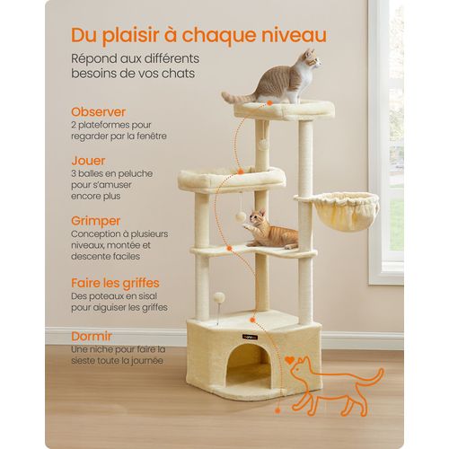 Arbre à Chat, 48,5 X 48,5 X 140,7 Cm, Avec Niche, Grandes Plateformes, Balles, Hamac, Beige Sable