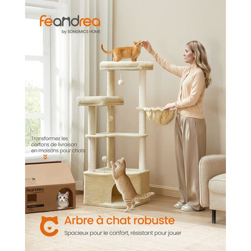 Arbre à Chat, 48,5 X 48,5 X 140,7 Cm, Avec Niche, Grandes Plateformes, Balles, Hamac, Beige Sable