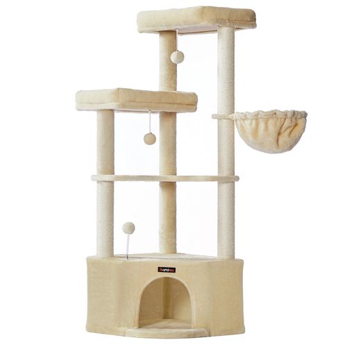 Arbre à Chat, 48,5 X 48,5 X 140,7 Cm, Avec Niche, Grandes Plateformes, Balles, Hamac, Beige Sable