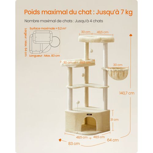Arbre à Chat, 48,5 X 48,5 X 140,7 Cm, Avec Niche, Grandes Plateformes, Balles, Hamac, Beige Sable
