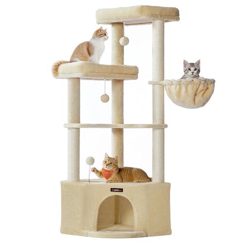 Arbre à Chat, 48,5 X 48,5 X 140,7 Cm, Avec Niche, Grandes Plateformes, Balles, Hamac, Beige Sable