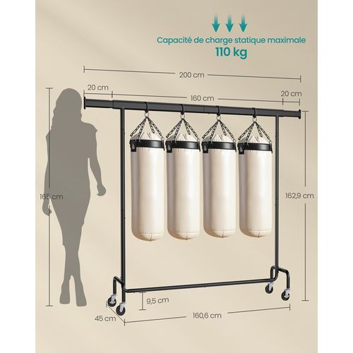 Portant à Vêtements Avec Roulettes, Capacité De Charge 110 Kg, 45 X (160-200) X 162,9 Cm, Noir