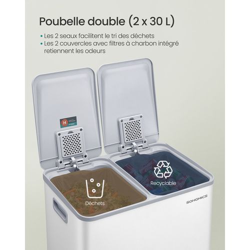 Poubelle De Cuisine, 2 X 30 L, 2 Compartiments, Poubelle à Pédale,  Blanc