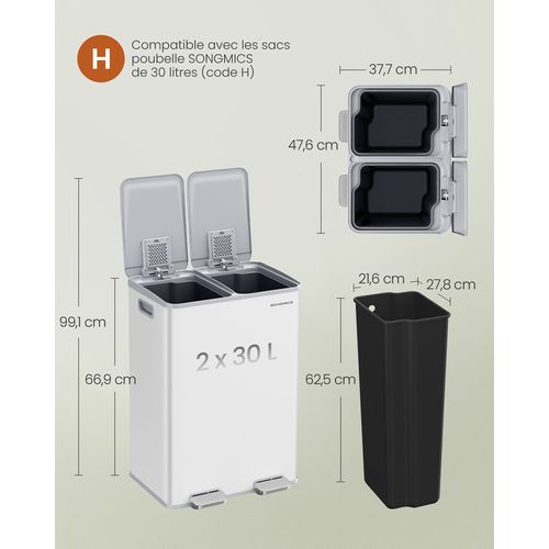 Poubelle De Cuisine, 2 X 30 L, 2 Compartiments, Poubelle à Pédale,  Blanc