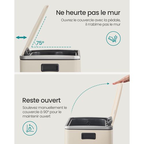 Poubelle 50 L, 15 Sacs Poubelles, Seau Intérieur Amovible En Plastique, Poignées, Crème