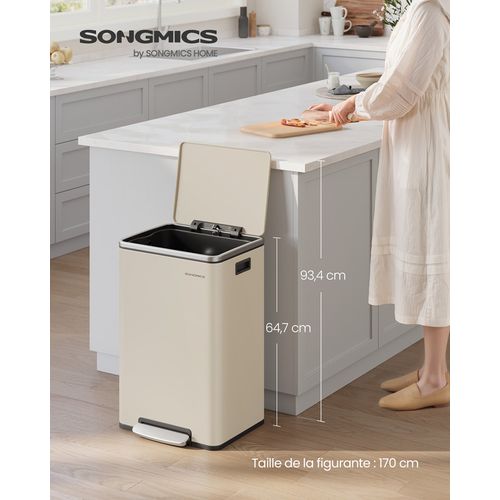 Poubelle 50 L, 15 Sacs Poubelles, Seau Intérieur Amovible En Plastique, Poignées, Crème