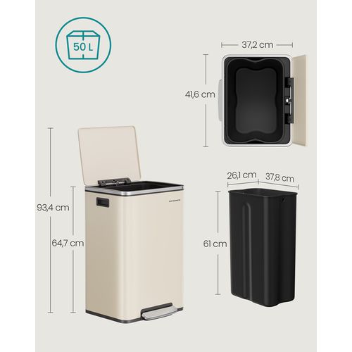 Poubelle 50 L, 15 Sacs Poubelles, Seau Intérieur Amovible En Plastique, Poignées, Crème