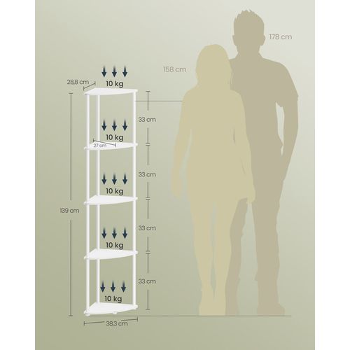 Étagère D'angle à 5 Niveaux, Étagère De Rangement, 38,3 X 27 X 139 Cm, Blanc Neige
