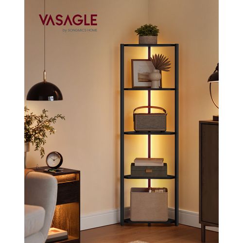 Étagère D'angle à 5 Niveaux, Avec Éclairage LED Réglable, 24,8 X 48 X 146,6 Cm, Noir Boisé
