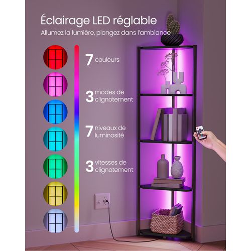 Étagère D'angle à 5 Niveaux, Avec Éclairage LED Réglable, 24,8 X 48 X 146,6 Cm, Noir Boisé