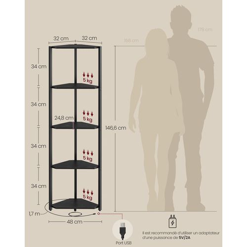 Étagère D'angle à 5 Niveaux, Avec Éclairage LED Réglable, 24,8 X 48 X 146,6 Cm, Noir Boisé