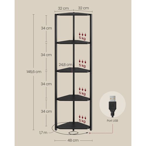 Étagère D'angle à 5 Niveaux, Avec Éclairage LED Réglable, 24,8 X 48 X 146,6 Cm, Noir Boisé