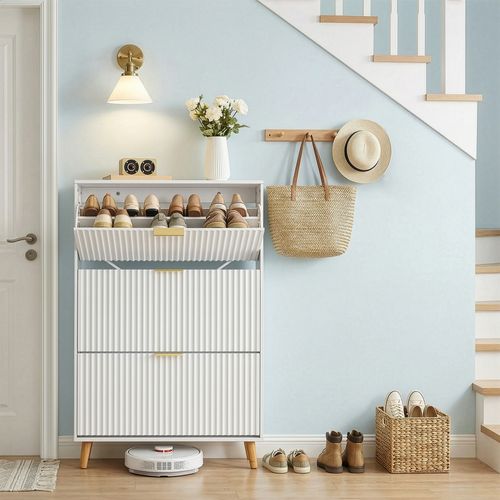 Armoire De Rangement à Chaussures, 3 Portes Abattantes, Style Milieu Du Siècle, Blanc