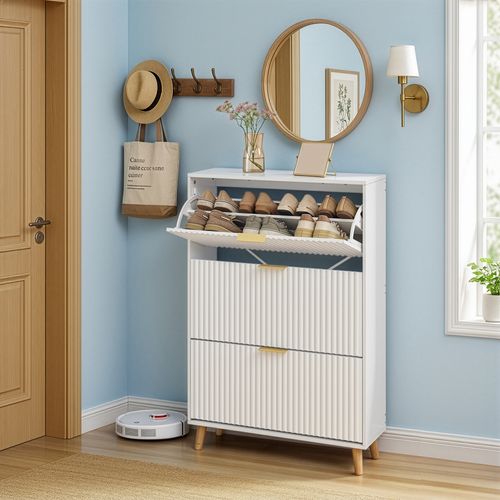 Armoire De Rangement à Chaussures, 3 Portes Abattantes, Style Milieu Du Siècle, Blanc