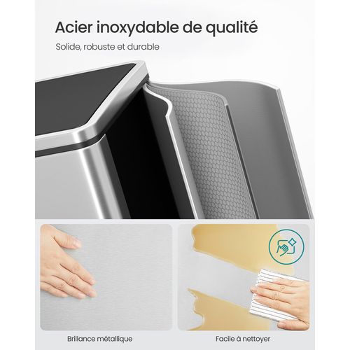 Poubelle à Double Compartiment 2 X 40 L, Avec 15 Sacs Poubelles, Pédales ,  Argent