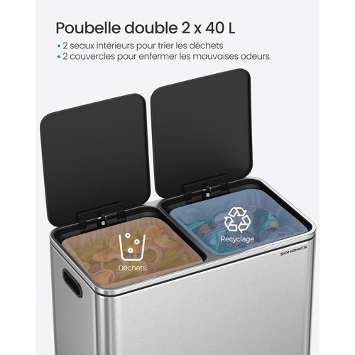 Poubelle à Double Compartiment 2 X 40 L, Avec 15 Sacs Poubelles, Pédales ,  Argent