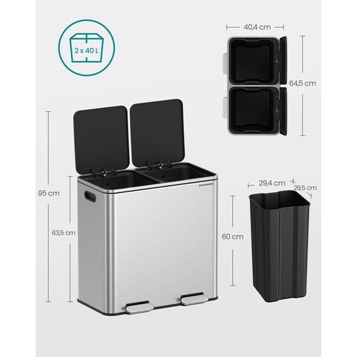 Poubelle à Double Compartiment 2 X 40 L, Avec 15 Sacs Poubelles, Pédales ,  Argent