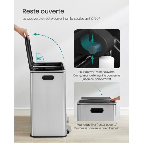 Poubelle à Double Compartiment 2 X 40 L, Avec 15 Sacs Poubelles, Pédales ,  Argent