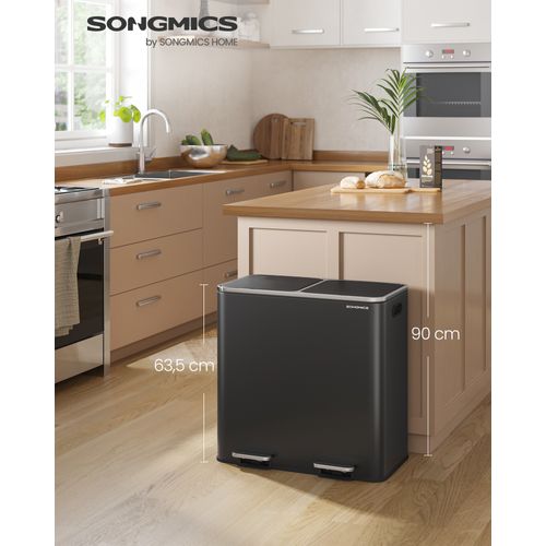 Poubelle à Double Compartiment 2 X 40 L, Avec 15 Sacs Poubelles, Pédales En Métal, Noir