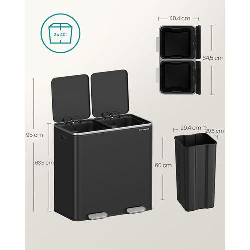 Poubelle à Double Compartiment 2 X 40 L, Avec 15 Sacs Poubelles, Pédales En Métal, Noir