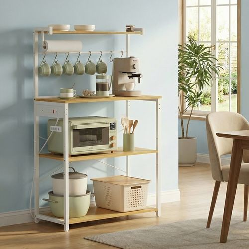Meuble De Rangement Cuisine Avec Étagère Réglable, 8 Crochets, Bar à Café, 4 Niveaux, Blanc Et Chêne